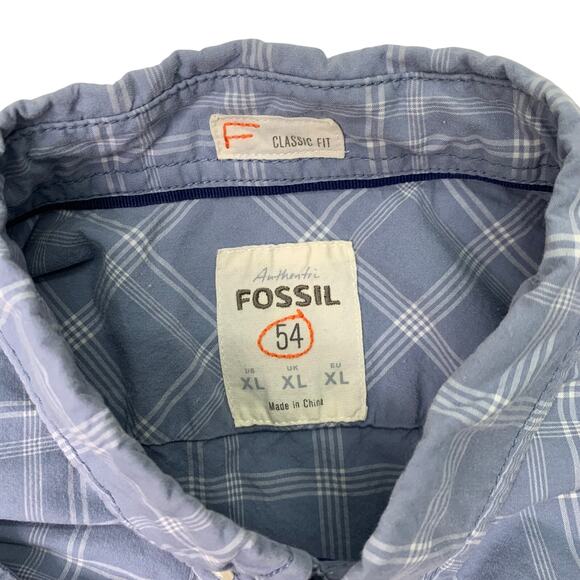 Authentic Fossil Mens 54 XL Blue White Plaid Long Sleeve Button Down Shirt - Picture 3 of 7